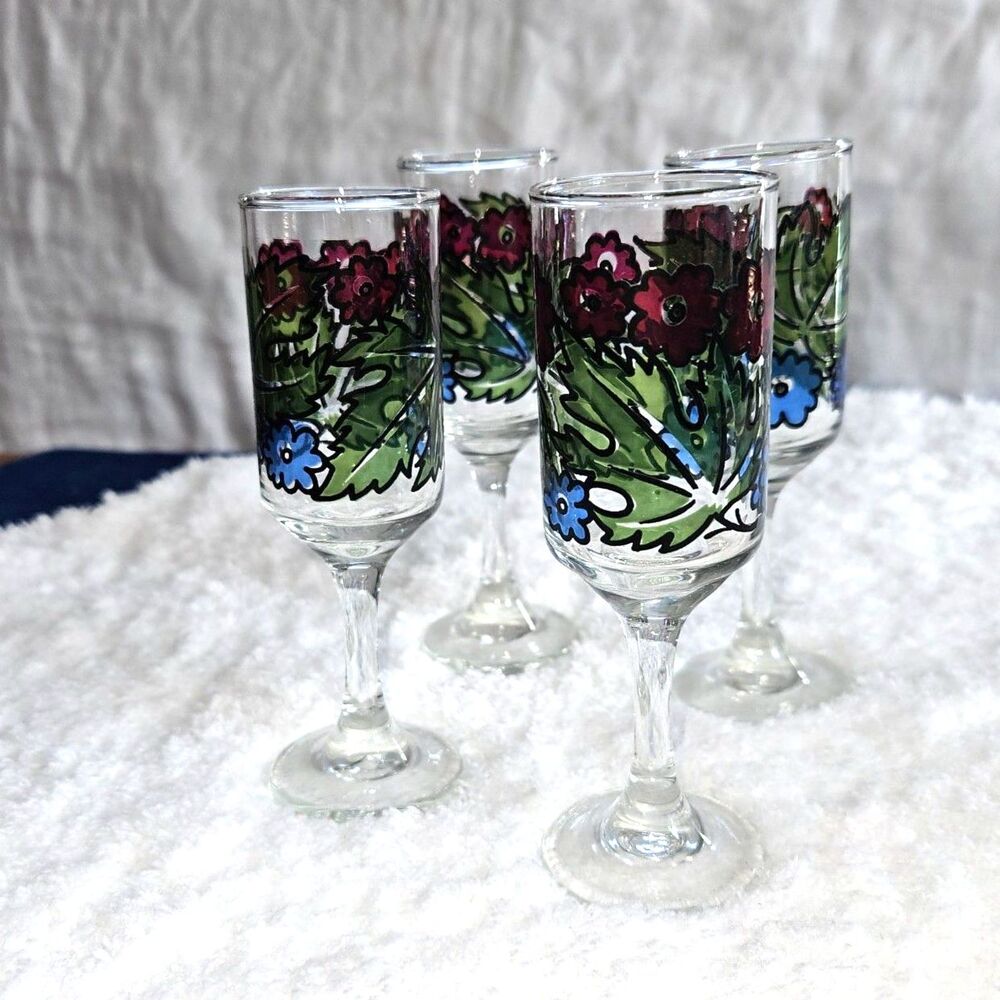 Vintage Anchor Hocking Cottagecore Floral Hand Painted Cordial Glasses Set of 4